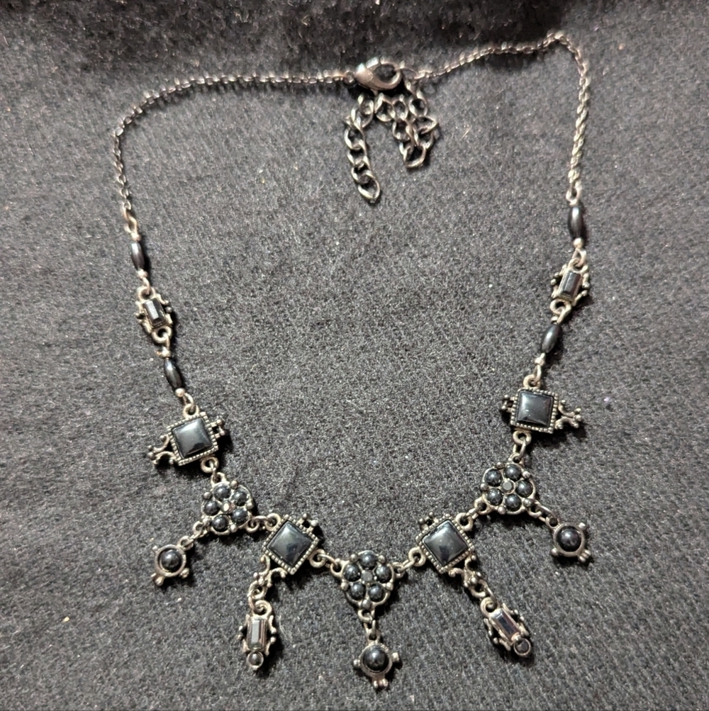 Gunmetal Black Enamel And Rhinestone Dainty Delicate Statement Necklace